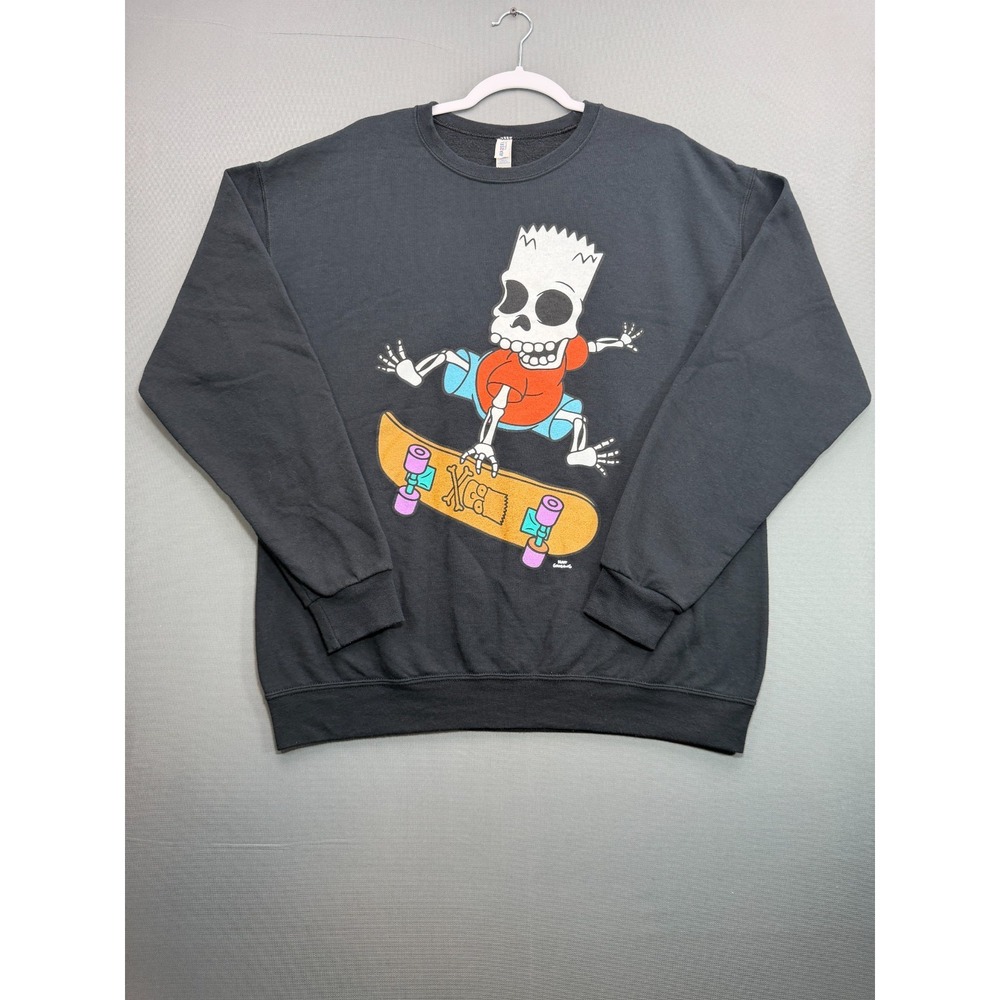 The Simpsons BART Skeleton Skateboard Sweatshirt | Mens L Black Jerzees NuBlend